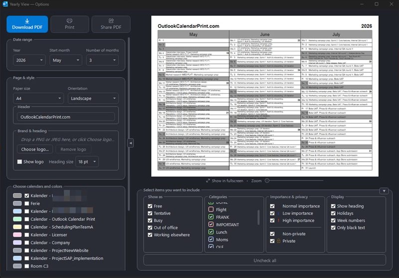 The CalendarPrint design window: date range, paper size, calendars and a live preview of a three-month calendar.