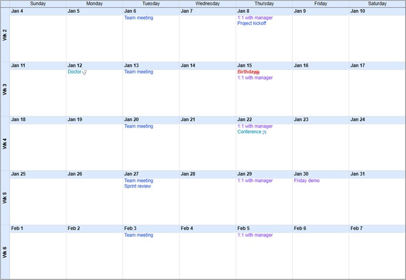 A finished monthly calendar printout with week numbers and meetings.
